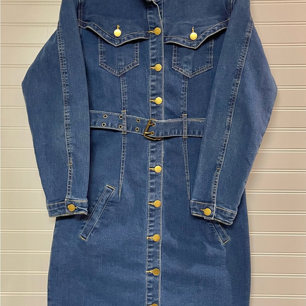 Tanming Pencil Denim Dress Women's Size Med Long Cowboy Button Down with Belt